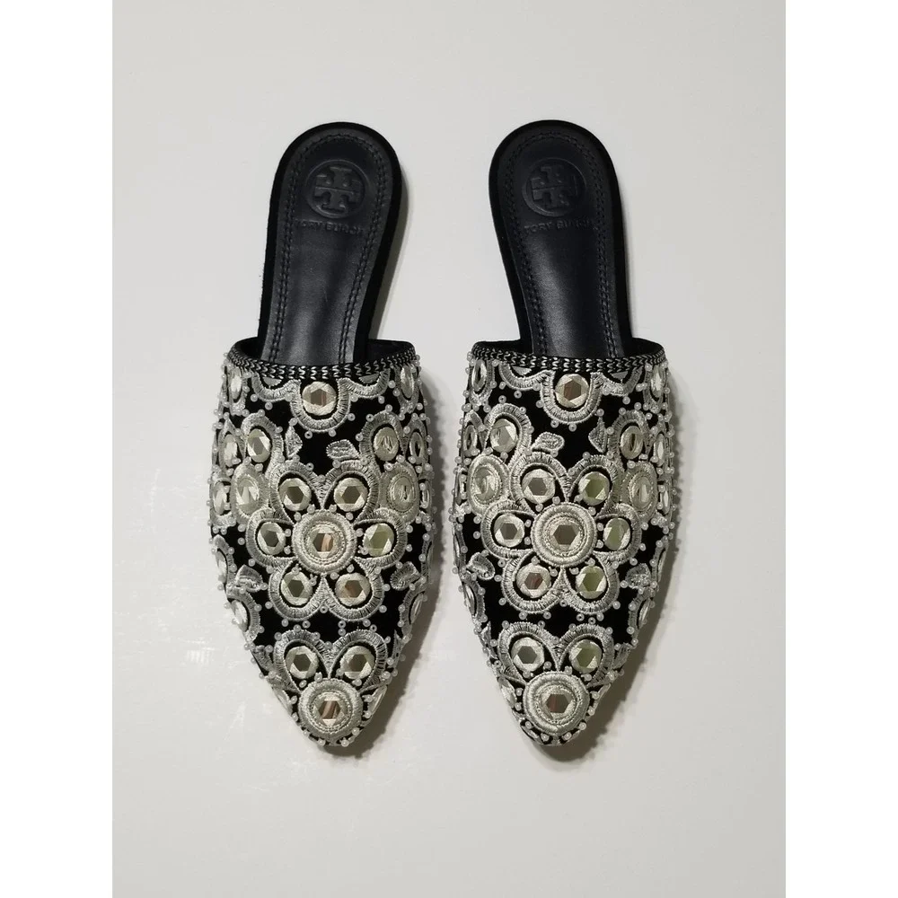 Tory Burch Elora Slide Black Suede Mirror Embroidery Flat Mule Slipper 6 $378